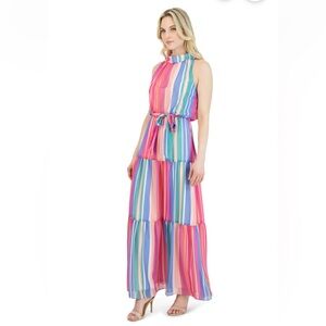 Julia Jordan NEW tiered Maxi Dress Womens Size 6 Multi Color Chiffon High Heck